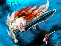  1boy amaterasu_(ookami) commentary_request dark_souls_(series) dark_souls_i fire great_grey_wolf_sif image_sample magatama mouth_hold nicoseiga_sample ogamiya_jin okami parody sword weapon wolf 