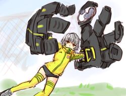  ball black_rock_shooter brown_eyes buruma colorized commentary_request female goalkeeper grey_hair jacket panties_(pantsu-pirate) playing_sports short_hair soccer_ball solo strength_(black_rock_shooter) thighhighs track_jacket yellow_thighhighs 