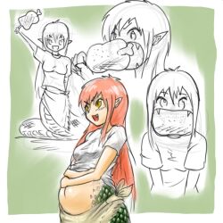  eating fangs food kaiki_hito_jinkan lamia long_hair meat monster_girl naga open_mouth orange_hair smile yellow_eyes 