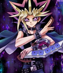  1boy belt cape card chains commentary_request duel_disk dyed_bangs looking_at_viewer millennium_puzzle multicolored_hair photoshop_(medium) purple_eyes smile spiked_hair tanioka_(yiyiyi) tank_top wristband yami_yugi yu-gi-oh! yu-gi-oh!_duel_monsters 