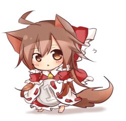  ahoge animal_ears ascot blush bow brown_eyes brown_hair cat_ears cat_tail chibi coin commentary_request dress female hair_tubes hairbow hakurei_reimu kemonomimi_mode red_bow red_dress solo tail tosura-ayato touhou wide_sleeves 