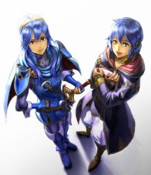  2girls armor blue_armor blue_eyes blue_hair book boots cape commentary_request falchion_(fire_emblem) fingerless_gloves fire_emblem fire_emblem_awakening gloves highres long_hair lucina_(fire_emblem) morgan_(female)_(fire_emblem) morgan_(fire_emblem) multiple_girls okg photoshop_(medium) short_hair smile sword tiara weapon 