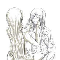  2girls blind feeling ikezawa_hanako katawa_shoujo long_hair monochrome multiple_girls satou_lilly scar 