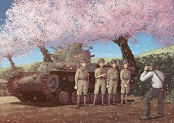  5boys bag camera caterpillar_tracks cherry_blossoms commentary_request earasensha glasses gloves goggles helmet imperial_japanese_army male_focus messenger_bag military military_uniform military_vehicle motor_vehicle multiple_boys original outdoors photoshop_(medium) puttee shoulder_bag smile tank tree type_97_chi-ha uniform world_war_ii 