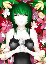  bad_id bad_pixiv_id bare_shoulders camisole closed_eyes female flower green_hair kazami_yuuka mattari_yufi short_hair sleeping solo touhou upper_body white_flower 