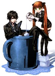  1boy arcana_famiglia black_hair boots coffee commentary_request creamer_(vessel) cup felicita female green_eyes in_container in_cup jolly milk oversized_object pouring reading red_hair ruku_(ruku_5050) smoking sugar_cube sunglasses 