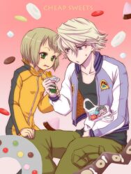  1boy blonde_hair bruce_lee&#039;s_jumpsuit candy commentary_request dawn520 female food green_eyes huang_baoling ivan_karelin jacket letterman_jacket photoshop_(medium) purple_eyes purple_jacket short_hair sweets tiger_&amp;_bunny 