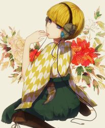  blonde_hair blue_eyes boots brown_footwear cable commentary_request cross-laced_footwear elesa_(pokemon) female finger_to_mouth floral_background flower from_side green_hakama hakama hakama_skirt headphones highres japanese_clothes knee_boots lace-up_boots lgw7 meiji_schoolgirl_uniform peony_(flower) photoshop_(medium) pokemon pokemon_bw short_hair sitting skirt solo wariza yagasuri 