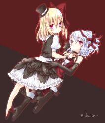  2girls alternate_costume bad_id bad_pixiv_id bare_shoulders black_gloves black_legwear blonde_hair boots dress flandre_scarlet gloves hat high_heels light_purple_hair looking_at_viewer multiple_girls no_wings pantyhose red_eyes remilia_scarlet shoes short_hair shuyoru_rito siblings sisters skirt skirt_set touhou wrist_cuffs 