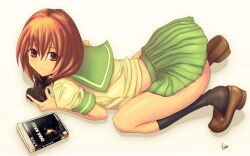  brown_eyes brown_hair controller dark_souls_(series) dark_souls_i dualshock female game_console game_controller gamepad midoriyama_saki original playstation_3 playstation_controller school_uniform shoe_dangle solo top-down_bottom-up viridian-c 