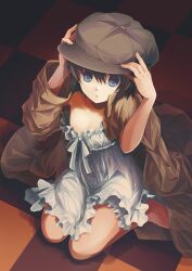  areolae bad_id bad_pixiv_id black_hair blue_eyes cabbie_hat checkered_floor dress female hands_on_headwear hat izumiya_otoha jacket lily_(shiei_no_sona-nyl) photoshop_(medium) shiei_no_sona-nyl short_hair sitting solo steampunk_(liarsoft) wardrobe_malfunction wariza 