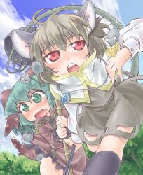  2girls animal_ears bamboo_broom blush broom cheese commentary_request dowsing_rod food green_eyes green_hair grey_hair highres kasodani_kyouko mouse_(animal) mouse_ears mouse_tail multiple_girls nazrin nyagakiya oerba_yun_fang open_mouth photoshop_(medium) red_eyes tail tears touhou 