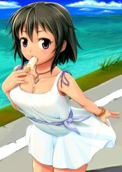  bracelet commentary_request dark-skinned_female dark_skin eating female food idolmaster idolmaster_cinderella_girls jewelry natalia_(idolmaster) necklace photoshop_(medium) popsicle purple_eyes short_hair skirt solo tan white_skirt yuo0 