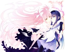  2girls akemi_homura akemi_homura_(magical_girl) argyle_clothes argyle_legwear bad_id bad_pixiv_id blue_eyes dress gloves hairband hase_neet holding_hands interlocked_fingers kaname_madoka long_hair magical_girl mahou_shoujo_madoka_magica mahou_shoujo_madoka_magica_(anime) multiple_girls pantyhose pink_hair pink_legwear pleated_skirt purple_hair shoes skirt smile thighhighs two_side_up ultimate_madoka very_long_hair winged_footwear wings yellow_eyes zettai_ryouiki 