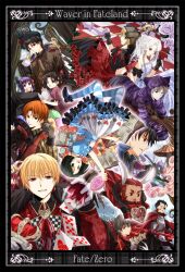  4girls 6+boys alcohol alice_in_wonderland animal_ears artoria_pendragon_(fate) assassin_(fate/zero) berserker_(fate/zero) board_game card chess commentary_request crossdressing crossover crown diarmuid_ua_duibhne_(lancer)_(fate) dress emiya_kiritsugu everyone fake_animal_ears fate/zero fate_(series) formal frilled_dress frills gilgamesh_(fate) gilles_de_rais_(caster)_(fate) hat highres hood hoodie irisviel_von_einzbern iroha_(shiki) iskandar_(fate) kayneth_el-melloi_archibald kotomine_kirei matou_kariya matou_sakura multiple_boys multiple_girls mushroom otoko_no_ko photoshop_(medium) playing_card rabbit_ears saber_(fate) suit tohsaka_rin tohsaka_tokiomi top_hat uryuu_ryuunosuke waver_velvet wine 