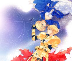  1boy ahoge armor arnoul artoria_pendragon_(fate) bad_id bad_pixiv_id blonde_hair commentary_request dress earrings fate/zero fate_(series) female gilgamesh_(fate) hair_ribbon jewelry photoshop_(medium) red_eyes ribbon saber_(fate) 