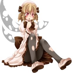  blonde_hair blush dress drill_hair fairy_wings female female hat luna_child open_mouth pantyhose s-syogo tears torn_clothes torn_pantyhose torn_wings touhou wings 