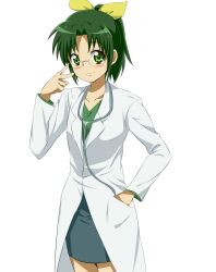  bespectacled blush closed_labcoat commentary_request doctor female glasses green_eyes green_hair hand_in_pocket highres lab_coat maruki_(punchiki) midorikawa_nao pencil_skirt ponytail precure simple_background skirt smile_precure solo stethoscope white_background 