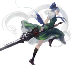  alternate_hair_length alternate_hairstyle alternate_weapon full_body hair_ribbon hairband hitodama kishiyo konpaku_youmu konpaku_youmu_(ghost) long_hair ribbon short_sleeves silver_hair simple_background solo soulcalibur sword touhou weapon wristband 