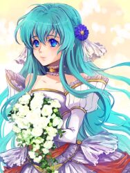  aqua_hair blue_eyes bouquet bride_(fire_emblem) commentary_request dress eirika_(fire_emblem) female fire_emblem fire_emblem:_the_sacred_stones fire_emblem_awakening flower long_hair saikachi_(ogre_tree) solo wedding_dress 