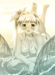  :d bad_id bad_pixiv_id barefoot beach bikini breasts collarbone commentary_request feet_up female hair_ribbon halterneck long_hair looking_at_viewer lying lying_on_water medium_breasts monochrome ocean on_stomach open_mouth original partially_submerged ribbon side_ponytail smile solo swimsuit the_pose touto_seiro 