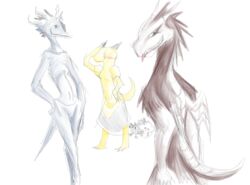  ambiguous_gender anthro armor bloodborne canid canine dark_souls dragon dragonoid_(dark_souls) dragonweirdo female food fromsoftware group hi_res mammal mythological_creature mythological_scalie mythology plant scalie sony_corporation sony_interactive_entertainment tail trio_focus vegetable 