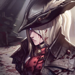  ascot blonde_hair blood blood_on_face bloodborne blue_eyes commentary_request female hat highres kienan_lafferty lady_maria_of_the_astral_clocktower pale_skin tricorne upper_body 