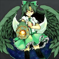  arm_cannon bad_id bad_pixiv_id black_background black_hair black_thighhighs bow cape female furorida green_bow green_skirt hairbow long_hair looking_at_viewer red_eyes reiuji_utsuho short_sleeves simple_background skirt smile solo thighhighs third_eye touhou weapon wings 