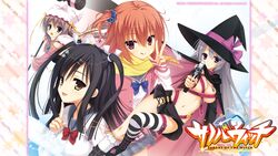  ayachi_nene black_hair blue_eyes bow breasts cape collar gray_hair group gun hat inaba_meguru kobuichi logo long_hair muririn navel orange_hair purple_eyes red_eyes sanoba_witch scarf seifuku shiiba_tsumugi skirt thighhighs togakushi_touko watermark weapon witch witch_hat yellow_eyes yuzusoft 