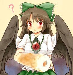  alternate_weapon bad_id bad_pixiv_id baumkuchen black_hair blush bow cape chikuwa female food frills furorida green_bow green_skirt hairbow long_hair red_eyes reiuji_utsuho short_sleeves simple_background skirt solo third_eye touhou weapon wings 