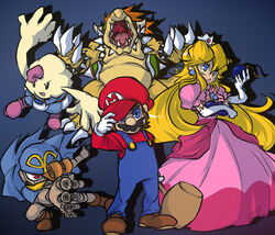  1boy bad_id bad_pixiv_id blonde_hair blue_eyes bomb bowser crown dress earrings elbow_gloves explosive facial_hair female geno_(mario) gloves hat jewelry long_hair mallow_(mario) mario mario_(series) moustache pink_dress piu princess_peach super_mario_rpg 