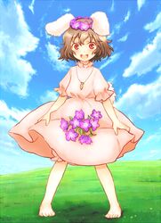  animal_ears bad_id bad_pixiv_id barefoot blue_sky brown_hair carrot cloud day dress female field flower furorida head_wreath inaba_tewi jewelry looking_at_viewer meadow open_mouth outdoors pendant pink_dress puffy_short_sleeves puffy_sleeves rabbit_ears rabbit_girl rabbit_tail red_eyes shadow short_hair short_sleeves skirt_basket sky solo tail touhou 