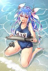  beach blue_hair breasts character_name day female flower-shaped_pupils from_above hair_between_eyes hair_ribbon highres holding holding_torpedo i-19_(kancolle) kantai_collection koutetunamekuji large_breasts long_hair looking_at_viewer looking_up name_tag ocean one-piece_swimsuit open_mouth outdoors red_eyes ribbon sand school_swimsuit sitting solo swimsuit symbol-shaped_pupils torpedo tri_tails water 