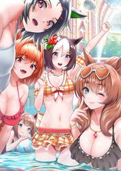  5girls :d ;) animal_ears aqua_eyes arm_up armpits ball bandaid bandaid_on_cheek bandaid_on_face bare_shoulders beachball bead_necklace beads bikini bikini_skirt black_bikini black_hair blue_sky bracelet braid breasts brown_hair casual_one-piece_swimsuit cleavage cloud collarbone commentary_request cowboy_shot crown_braid daiwa_scarlet_(trifle_vacation)_(umamusume) daiwa_scarlet_(umamusume) day detached_sleeves ear_ornament eyewear_on_head flower groin hair_between_eyes hair_flower hair_intakes hair_ornament hairclip hands_up heart heart-shaped_eyewear highres horse_ears horse_girl horse_tail jewelry large_breasts leaning_forward long_hair looking_at_viewer maruzensky_(blasting_off_summer_night)_(umamusume) maruzensky_(umamusume) midriff multicolored_hair multiple_girls nabe_puyo navel necklace oerba_yun_fang official_alternate_costume one-piece_swimsuit one_eye_closed open_mouth outdoors parted_lips plaid plaid_bikini plaid_skirt pleated_skirt pool purple_eyes red_bikini red_eyes short_hair sidelocks skin_fang skirt sky small_breasts smile special_week_(hopping_vitamin_heart)_(umamusume) special_week_(umamusume) standing sunglasses sweep_tosho_(monopolizing_the_chill?)_(umamusume) sweep_tosho_(umamusume) swimsuit tail teeth twintails two-tone_hair umamusume upper_body upper_teeth_only very_long_hair wading watermark wavy_hair wet white_bikini white_hair winning_ticket_(full_power!_tantrum!!)_(umamusume) winning_ticket_(umamusume) 