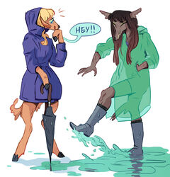  2017 anthro basha_(uzon) blonde_hair blue_raincoat boots brown_hair canid canine canis clothing coat deer dialogue duo english_text female female/female footwear green_raincoat hair hi_res jessie_(uzon) kick mammal puddle raincoat romantic romantic_couple simple_background splash text topwear umbrella uzon white_background wolf 