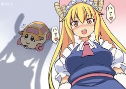  blonde_hair blouse blue_dress commentary_request crossover dragon_girl dragon_horns dress elbow_gloves female gloves guinea_pig horns horns_through_headwear kobayashi-san_chi_no_maidragon low_twintails maid maid_headdress molcar open_mouth orange_eyes potato_(pui_pui_molcar) pui_pui_molcar seo_tatsuya shadow shirt slit_pupils tears teeth tohru_(maidragon) twintails upper_teeth_only white_gloves white_shirt 