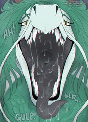  2022 artist_name black_insides black_mouth black_tongue bodily_fluids chromatic_aberration dated digital_media_(artwork) dragon duo fangs female female_pred front_view fully_inside glistening glistening_eyes green_eyes green_hair grey_insides grey_mouth grey_tongue hair hi_res looking_at_viewer mouth_shot mythological_creature mythological_scalie mythology narrowed_eyes neck_bulge open_mouth oral_vore paw_imprint saliva saliva_on_tongue saliva_string santanahoffman scalie sharp_teeth solo solo_focus swallowing teeth text tongue tongue_out vore white_body 