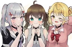  3girls asumi_sena black_bow black_choker black_ribbon blonde_hair bow breasts brown_eyes brown_hair cattleya_regina_games choker collarbone fingers_to_cheeks green_eyes grey_hair hair_ribbon highres hololive hoshikawa_sara hoshikawa_sara_(4th_costume) looking_at_viewer medium_breasts multicolored_hair multiple_girls natsuiro_matsuri natsuiro_matsuri_(casual) nijisanji one_eye_closed open_mouth pink_hair red_bow red_ribbon ribbon sera_(mikimoooopic) smile streaked_hair twintails v virtual_youtuber vspo! white_background yellow_eyes 