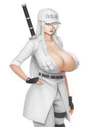  belt black_gloves blue_eyes breasts female fingerless_gloves gloves hair_over_one_eye hand_on_own_hip hat hataraku_saibou hataraku_saibou_black highres katana large_breasts long_hair open_clothes photoshop_(medium) solo sword u-1196 weapon white_background white_blood_cell_(hataraku_saibou) white_hair 