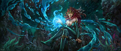  air_bubble aquaman_(series) bare_shoulders bodysuit breasts bubble circlet cleavage commentary commission crossed_legs dc_comics detached_sleeves english_commentary female green_bodysuit green_sleeves highres kael_ngu large_breasts long_hair looking_at_viewer magic mera_(dc) red_hair rock seaweed sitting solo underwater water 