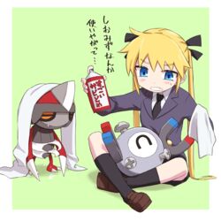  black_necktie black_ribbon black_socks blonde_hair blue_eyes border crossover female green_background hair_ribbon highres kill_me_baby kneehighs long_hair long_sleeves looking_at_another magnemite necktie parted_lips pawniard pokemon pokemon_(creature) ribbon school_uniform sitting socks sonya_(kill_me_baby) teeth translated twintails white_border yachima_tana 