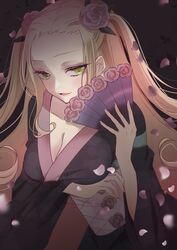  black_kimono blonde_hair breasts cleavage female flower forehead green_eyes hair_behind_ear hair_flower hair_ornament hand_fan highres hiteihime_(katanagatari) holding holding_fan japanese_clothes katanagatari kimono long_hair looking_to_the_side open_mouth petals portrait purple_flower sidelocks smile solo tomoshibi_(rokugatsu) two_side_up 