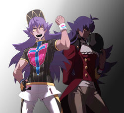  1boy arm_up ascot baseball_cap black_headwear buttons champion_uniform clenched_hand commentary_request dark-skinned_male dark_skin dynamax_band facial_hair gloves hand_on_own_hip hat highres korean_commentary leon_(pokemon) long_hair looking_at_viewer male_focus open_mouth pants partially_fingerless_gloves pectorals pokemon pokemon_swsh purple_hair redlhzz shirt short_shorts short_sleeves shorts single_glove smile tailcoat teeth tight_clothes tight_shirt toned toned_male white_ascot white_legwear white_shorts wristband yellow_eyes 