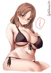  bikini black_bikini blush breasts brown_eyes brown_hair chiyoda_(kancolle) cleavage clenched_teeth collarbone commentary_request ebifurya female hand_on_own_chest highres kantai_collection large_breasts looking_at_viewer medium_hair navel side-tie_bikini_bottom simple_background sitting skindentation solo spoken_squiggle squiggle swimsuit teeth twitter_username white_background 