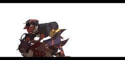  2boys absurdres arms_behind_back ascot black_hoodie brown_hair buttons clenched_teeth dark-skinned_male dark_skin facial_hair floating_hair hair_over_eyes hand_on_another&#039;s_head highres holding_another&#039;s_wrist hood hoodie leon_(pokemon) letterboxed long_hair male_focus multiple_boys open_mouth orange_headwear pokemon pokemon_swsh purple_hair raihan_(pokemon) redlhzz shoes shorts side_slit side_slit_shorts simple_background teeth white_ascot white_background 