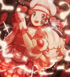  alcremie alcremie_(strawberry_sweet) bad_id bad_twitter_id black_hair blurry blurry_background commentary_request dawn_(palentine&#039;s_2021)_(pokemon) dawn_(pokemon) dress eyelashes female film_grain grey_eyes hands_up hat highres long_hair mittens official_alternate_costume open_mouth pokemon pokemon_(creature) pokemon_masters_ex red_mittens smile teeth watermark white_headwear yukifuri_tsuyu 