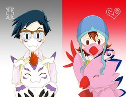  armor bandai_namco biyomon closed_eyes covid-19_pandemic digimon digimon_(species) digimon_adventure eyewear female glasses gomamon group headgear helmet hi_res human joe_kido male mammal mihuyu_dgmn sora_takenouchi 