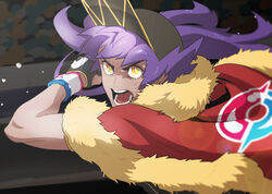  1boy baseball_cap blurry cape commentary_request dark-skinned_male dark_skin dynamax_band fur-trimmed_cape fur_trim gloves hat korean_commentary lens_flare leon_(pokemon) long_hair male_focus open_mouth pokemon pokemon_swsh purple_hair red_cape redlhzz solo teeth tongue yellow_eyes 