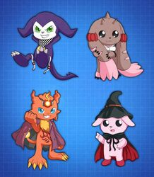  anthro bandai_namco brown_body brown_fur clothing coronamon cosplay cutemon danganronpa danganronpa_v3 demon digimon digimon_(species) female fur group hat headgear headwear hi_res himiko_yumeno horn impmon kaito_momota kokichi_oma lagomorph leporid liliana86973943 long_ears lopmon maki_harukawa male mammal mischievous_smile purple_body rabbit spike_chunsoft witch_hat 