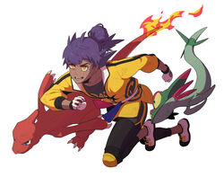  1boy aged_down charmeleon clenched_hand collarbone commentary_request dark-skinned_male dark_skin dirty dirty_face dreepy fire flame-tipped_tail gloves hair_bun highres holding holding_poke_ball jacket knee_pads korean_commentary leggings leon_(pokemon) male_focus master_dojo_uniform poke_ball poke_ball_(basic) pokemon pokemon_(creature) pokemon_swsh purple_hair redlhzz sash shirt shoes shorts side_slit side_slit_shorts single_hair_bun sweat white_gloves yellow_jacket zipper_pull_tab 